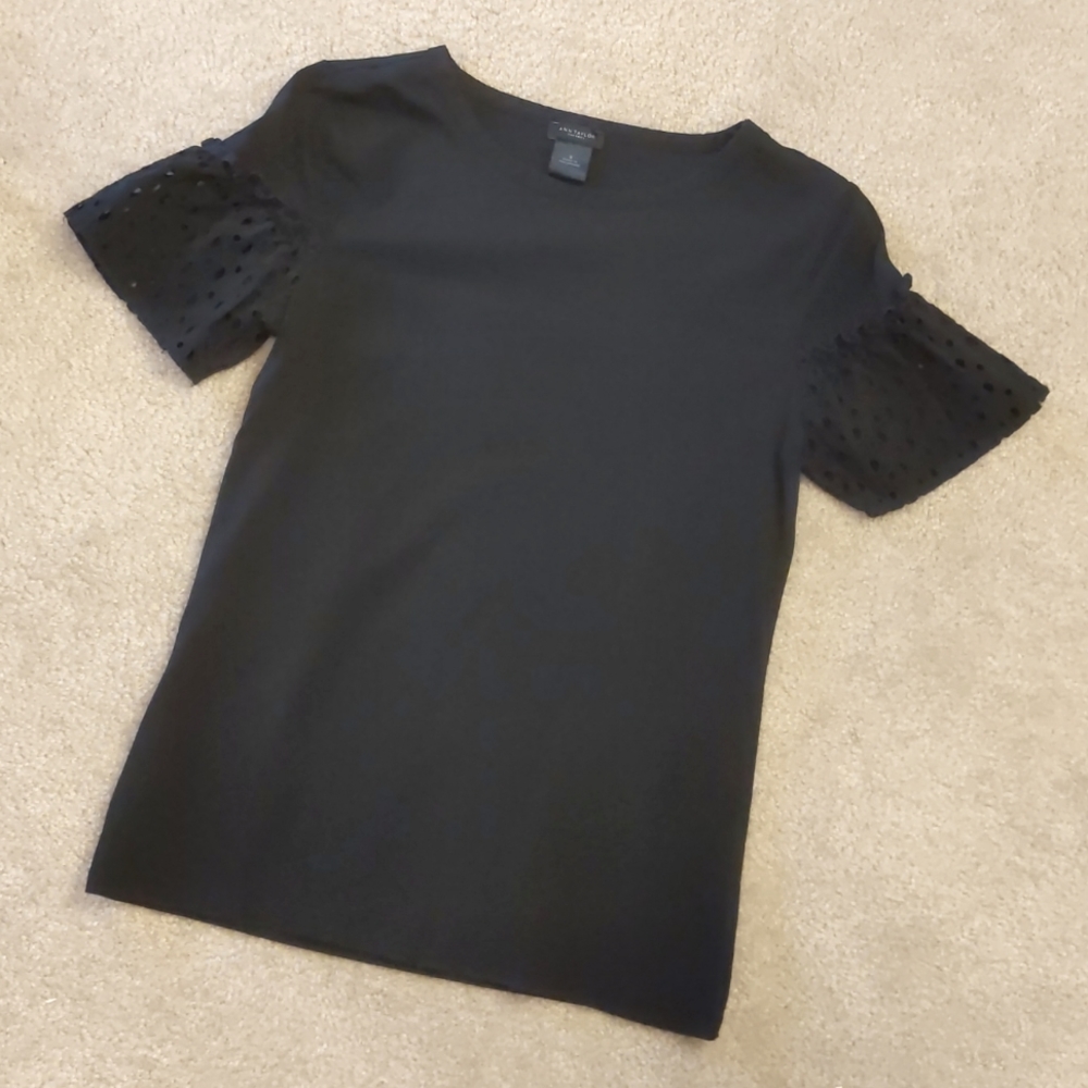 Ann Taylor Factory Black Tee with eyelet short bell sleeves